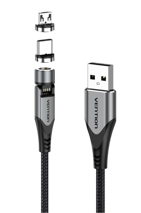 Vention 2 in 1 Magnetic USB 2.0 to Type C and Micro USB Cable 3A 540 Degree Rotating Fast Charging Cord (0.5M, 1M, 1.5M, 2M) | CQXH