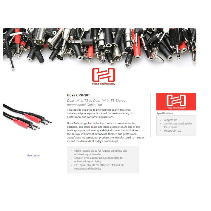 Hosa Technology Two 1/4" Phone Male to Two 1/4" Phone Male Unbalanced Cable (Molded Plugs) - 13.2'