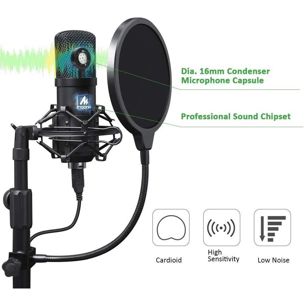 Maono AU-A03T A03T Condenser Microphone Kit Podcast Mic with Boom Arm Microphone Stand