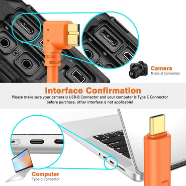 PXEL Tether USB Type-C to Right Angle Micro B Male to Male Gold Plated 8M DSLR / Mirrorless Camera Cable for Nikon Nikon D5, D500, Canon 5DS, EOS 7D Mark II, FUJIFILM X-H1, X-T2, XT-50, GFX 50 S and PC Computer Laptop