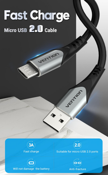 Vention Cotton Braided (COA) USB 2.0 A Male to Micro-B Male 2A Cable 480Mbps (Available in Different Lengths)