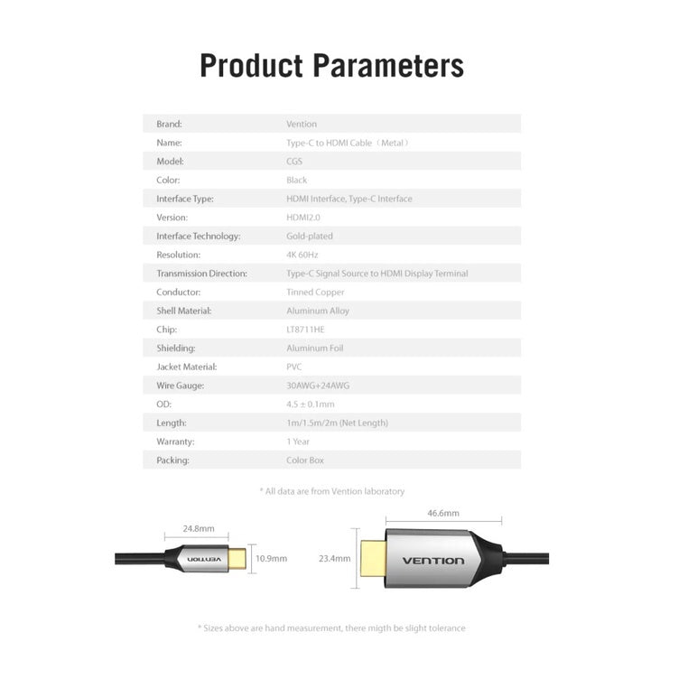 Vention Type-C to HDMI Cable Metal Type 4KHD 60Hz with Aluminum Alloy Shell Cord (CGSB) (Different Lengths Available)