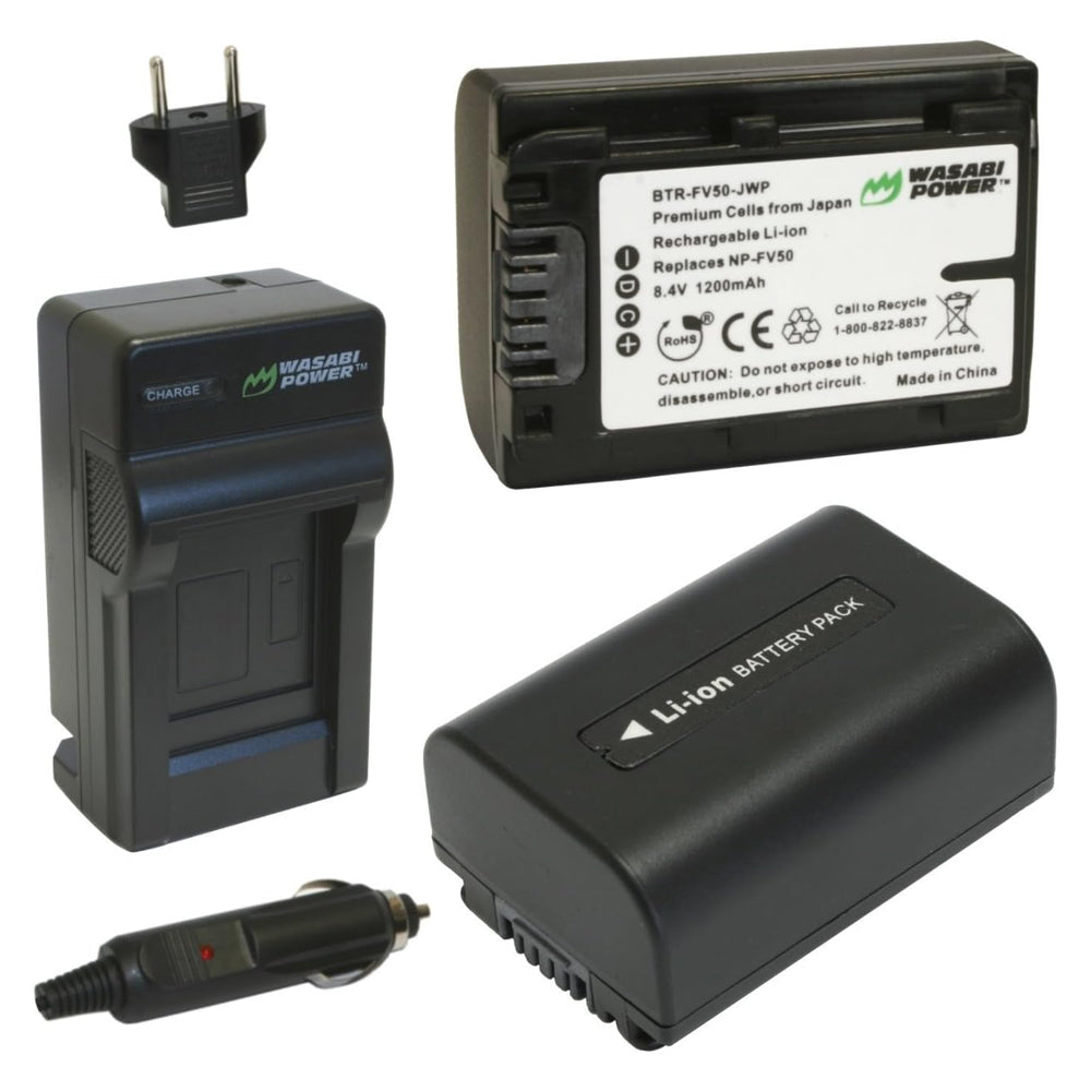 Wasabi Power NP-FV50 (2 Pack) 8.4V 1200mAh Battery and Charger Kit with Power Indicator, Fold Out US Plug, Car Charger & EU Plug Adapter for Sony DCR-SR15 DCR-SX44 FDR-AX700 HDR-CX900 NEX-VG10 PXW-Z450 Handycam Camcorder Video Camera | JG Supe