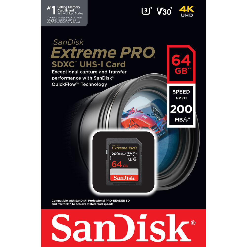 SanDisk Extreme Pro SD Card UHS-I SDXC Class 10 with 200MB/s Read Speed V30 (64GB, 128GB, 256GB)