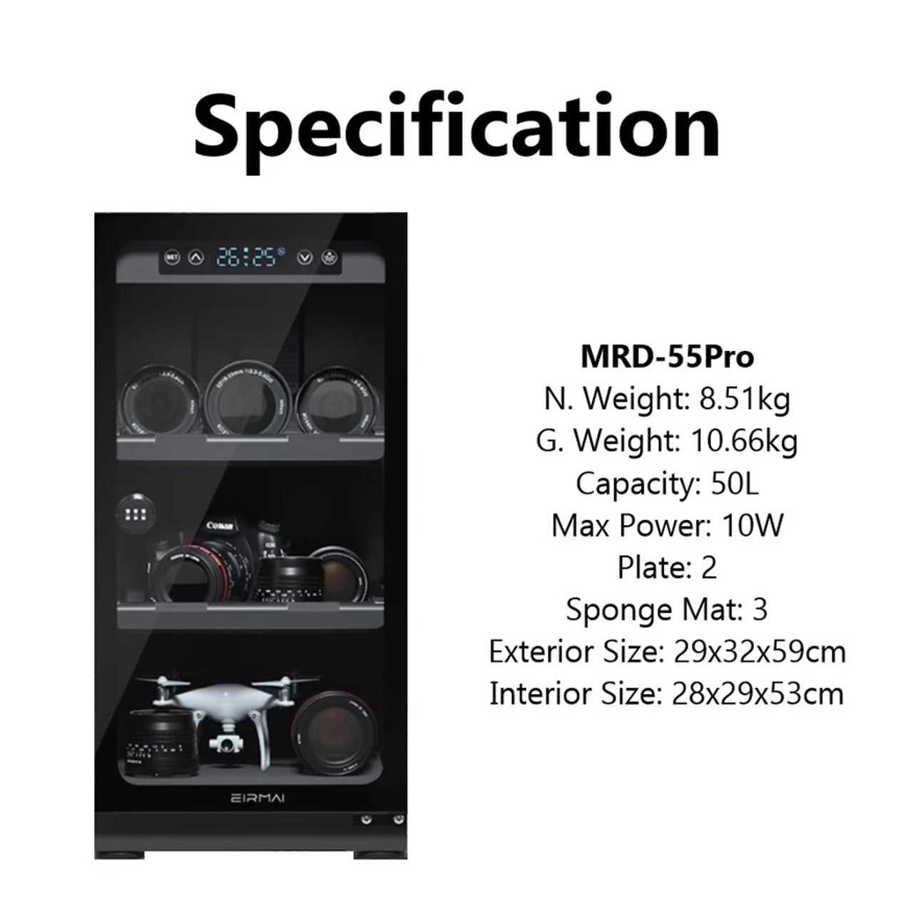 Eirmai 50L Electronic Digital Dry Cabinet Dehumidifying Box with Automatic AI Smart Control - 50 Liters (MRD-55PRO)