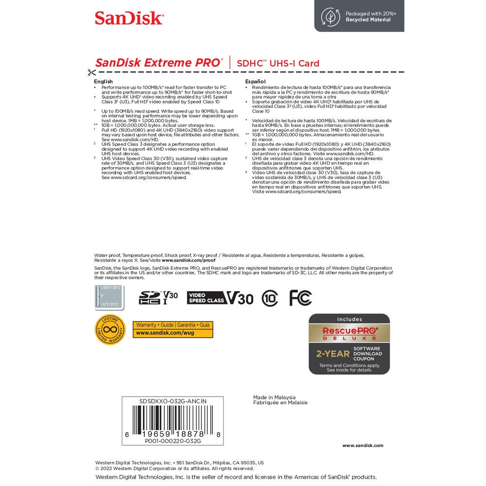 SanDisk Extreme Pro SD Card 32GB UHS-I SDHC Class 10, 100mb/s Read Speed V30 | SDSDXXO-032G-GN4IN
