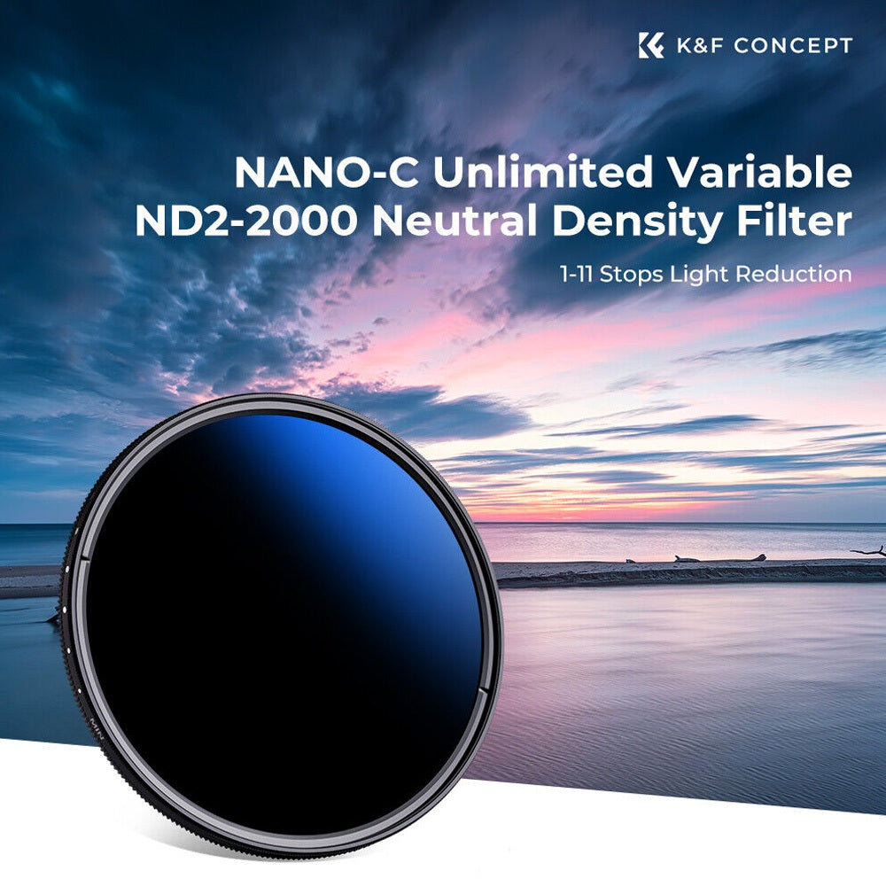 K&F Concept Nano-C Series 82mm Variable ND2-2000 11-Stop Neutral Density Lens Filter with Multi-Coated Optical Glass and Aluminum Metal Frame for Mirrorless and DSLR Camera Photography