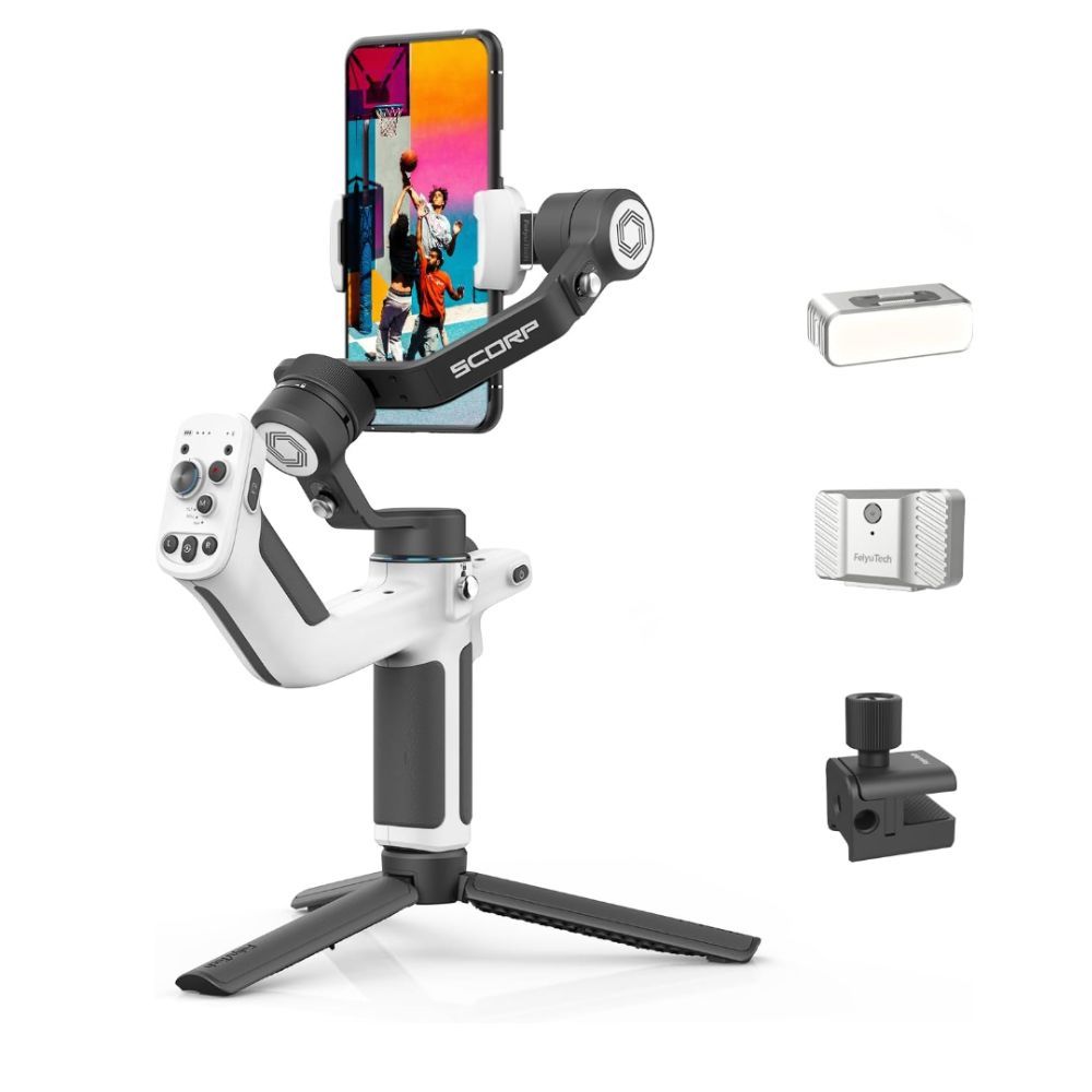 FiyuTech SCORP Mini P Kit Tri-Axis Smartphone Gimbal Stabilizer with 2200mAh Built-In Battery, Magnetic Intelligent AI Tracking Module, and Fill Light 3300-5200K for iPhone and Android Phone