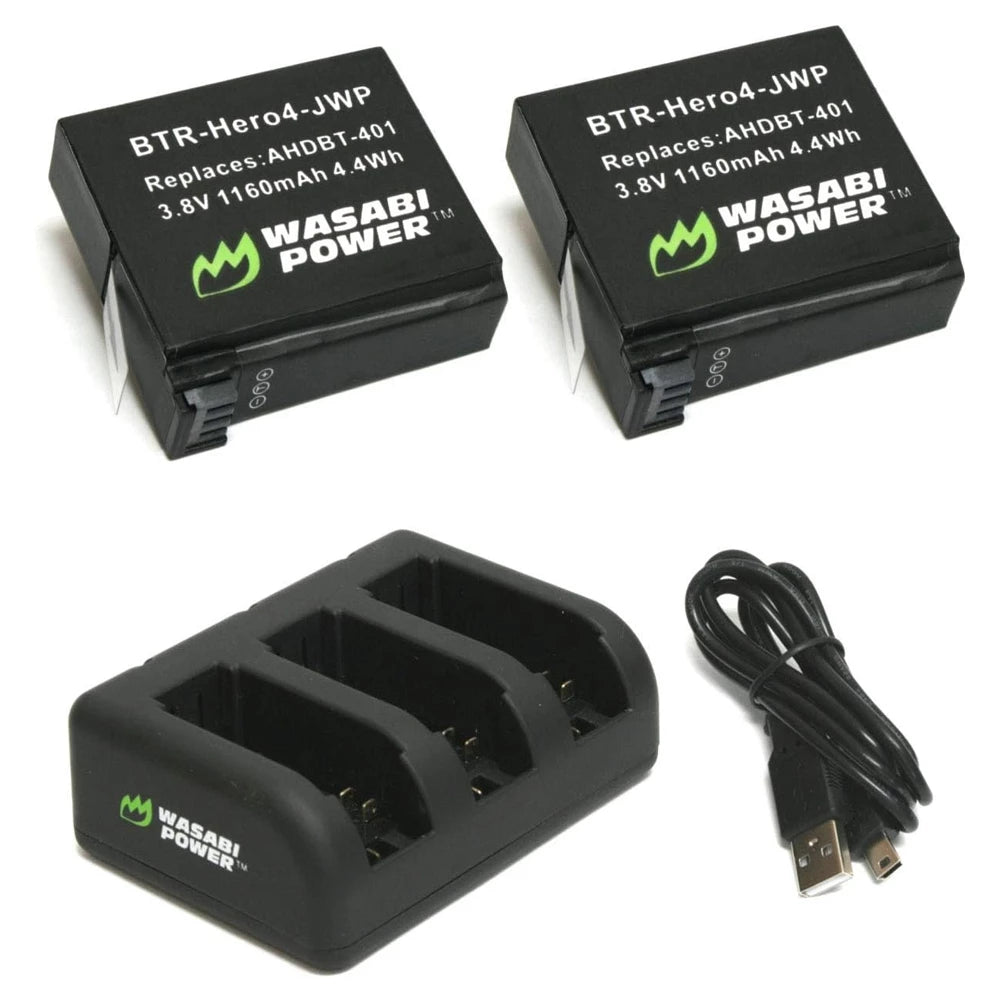 Wasabi Power 1160mAh 2pcs Battery & Triple Charger Kit for GoPro HERO4 HERO3 HERO3+ Action Camera
