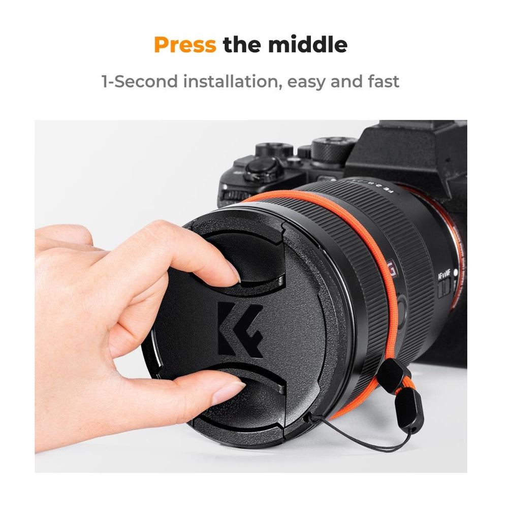 K&F Concept Sp-On Center Pinch Camera Lens Cap with Wrist Strap & Microfiber Cleaning Cloths for FUJIFILM Sony Canon Nikon Panasonic Lumix Olympus OM SYSTEM - Available in 49mm 52mm 55mm 58mm 62mm 67mm 72mm 77mm 82mm