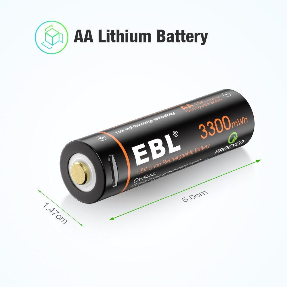 EBL TB-1443 1.5V AA 3000mAh Rechargeable Li-Ion Lithium Ion Battery with Built-In Micro USB Charging Port for Portable and EUPDATEncy Electronics