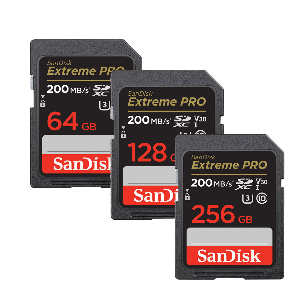 SanDisk Extreme Pro SD Card UHS-I SDXC Class 10 with 200MB/s Read Speed V30 (64GB, 128GB, 256GB)