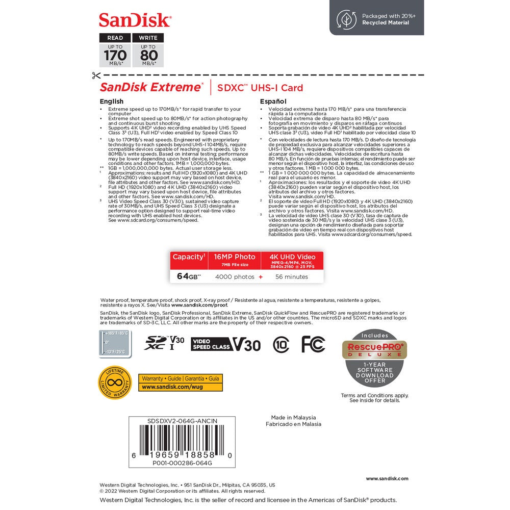 SanDisk Extreme SD Card 64GB SDXC UHS-I Class 10 with 170MB/s Read Speed V30 | Model - SDSDXV2-064G-GNCIN