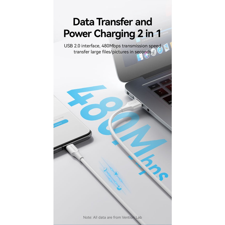 Vention USB 2.0 A Male to Type-C 3A Male Nickel-Plated Data Charging Cable with 480Mbps Transfer Speed for Smartphones and Tablets (White) (3M) | CTHW