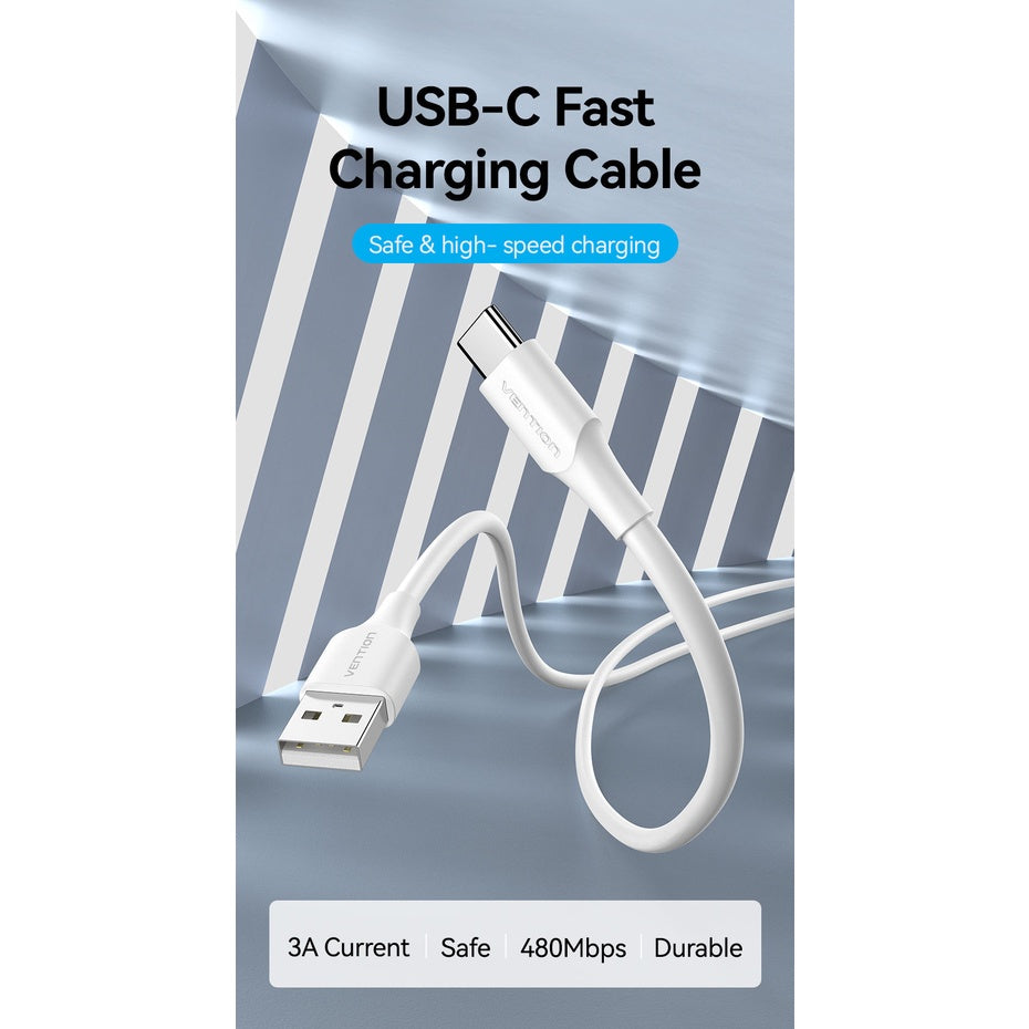 Vention USB 2.0 A Male to Type-C 3A Male Nickel-Plated Data Charging Cable with 480Mbps Transfer Speed for Smartphones and Tablets (White) (3M) | CTHW