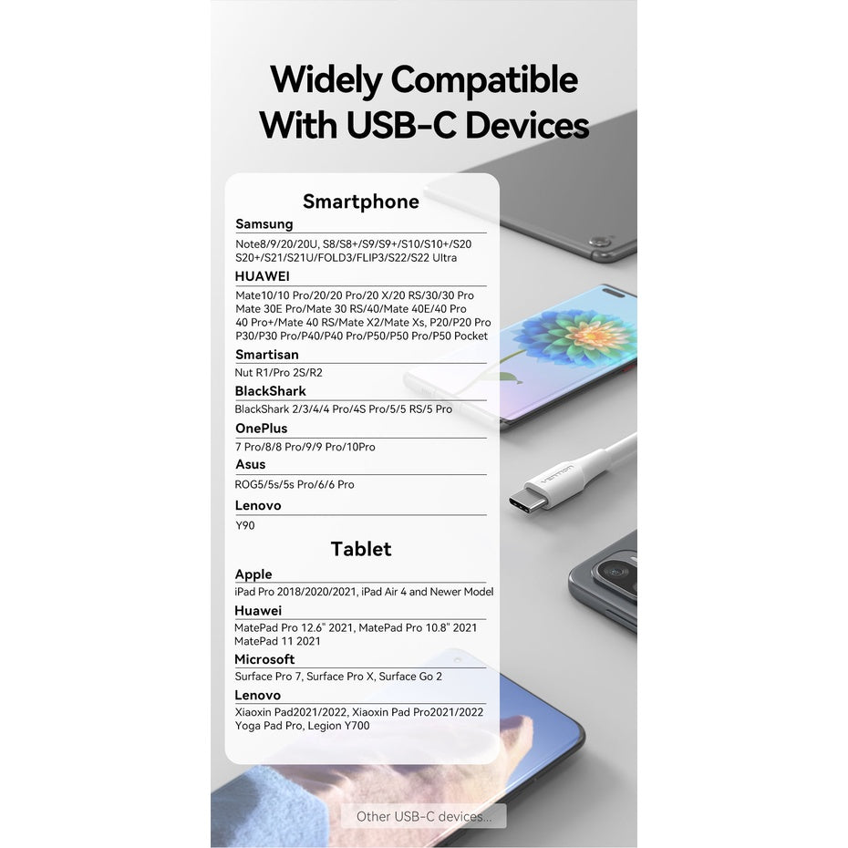 Vention USB 2.0 A Male to Type-C 3A Male Nickel-Plated Data Charging Cable with 480Mbps Transfer Speed for Smartphones and Tablets (White) (3M) | CTHW