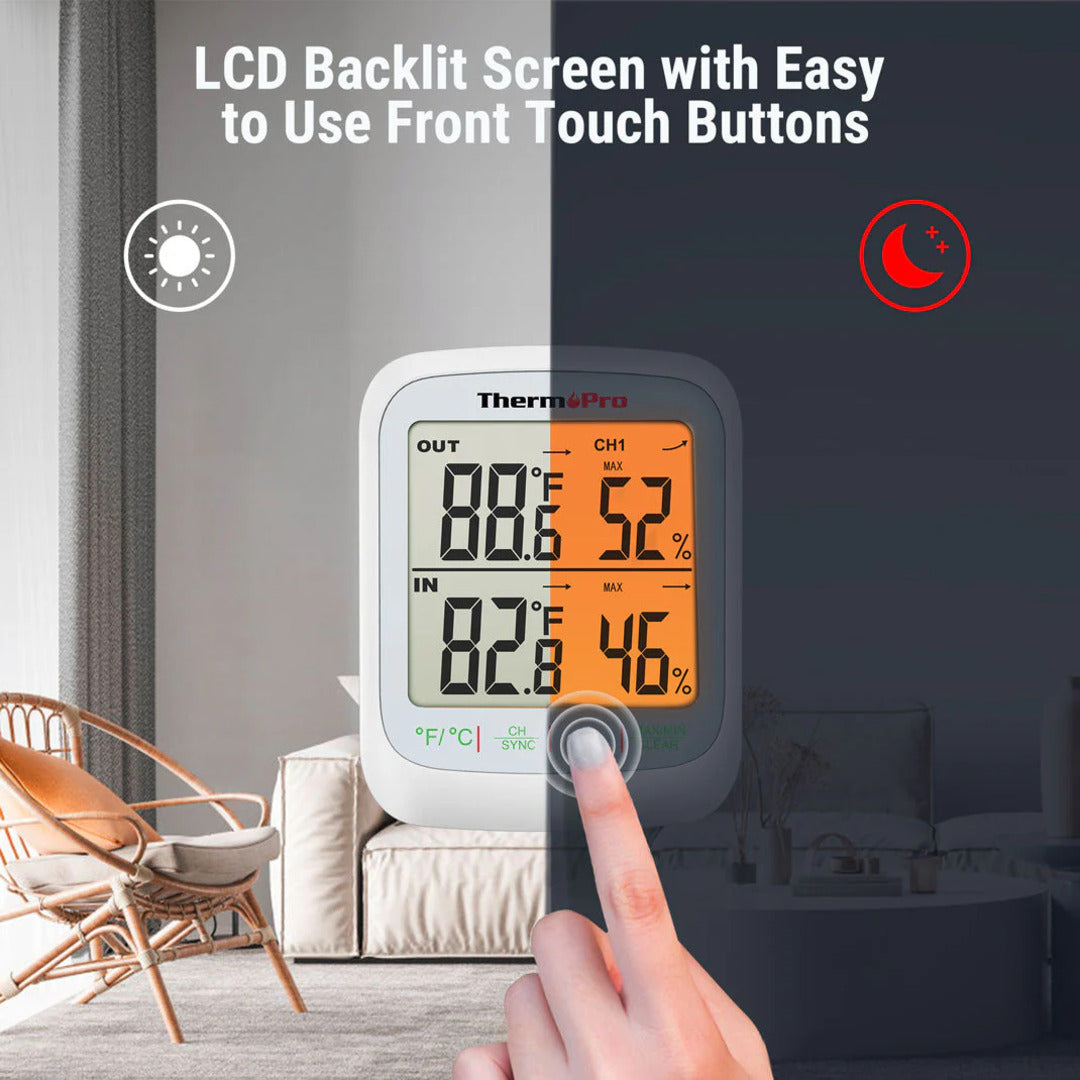 ThermoPro TP260B Wireless Indoor Outdoor Thermometer Hygrometer with 3 Remote Sensors, 300M Range, Backlit LCD, Accurate Temperature & Humidity Monitor for Living Room, Wine Cellar, Greenhouse & Garden