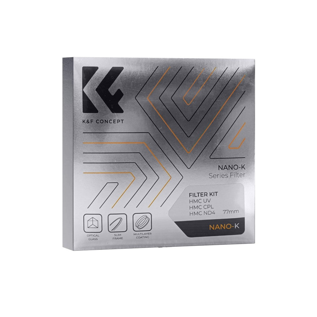 K&F Concept Nano K Series 77mm 3pcs Slim Lens Camera Optical Filter Kit with Lens Cleaning Cloth & Filter Pouch (MCUV+CPL+ND4) Waterproof HMC Hoya Multi-Coated UV Coated Polarize | 1944V1