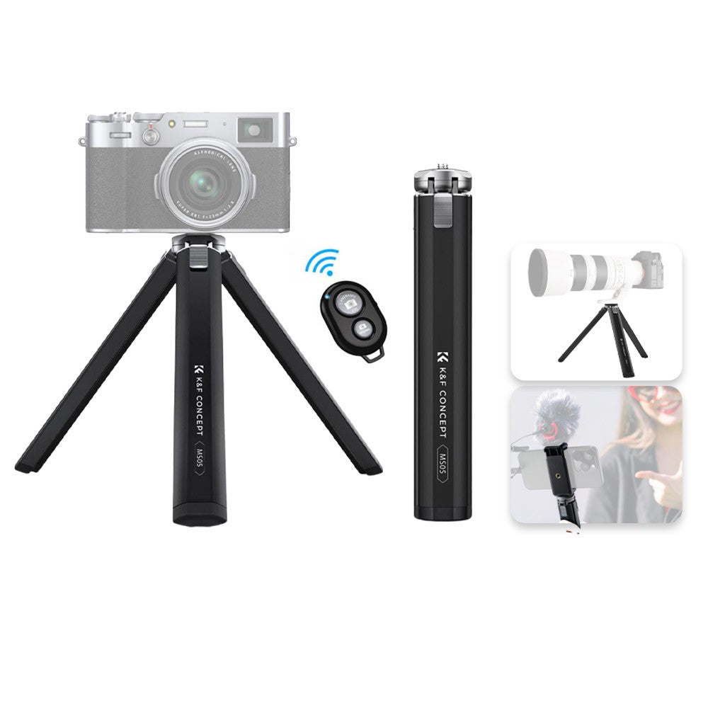 K&F Concept MS05 8" 2-Stop Adjustable Compact Tripod Grip with Mobile Phone Clip Holder, Bluetooth Remote Control, 1/4" Attachment Thread for Digital Camera, Smartphones, Video Fill Light, Camcorder, Gimbal Stabilizer, GoPro, Insta360, DJI