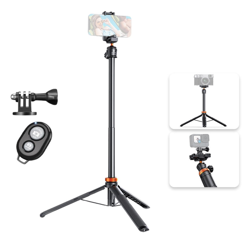 K&F Concept MS04 62" Retractable Selfie Stick Tripod with Built-In Mobile Phone Clip Holder, Action Camera Mount Adapter, Bluetooth Remote Control for Smartphones, Digital Camera, Video Fill Light, Camcorder, GoPro Hero, Insta360, DJI Osmo