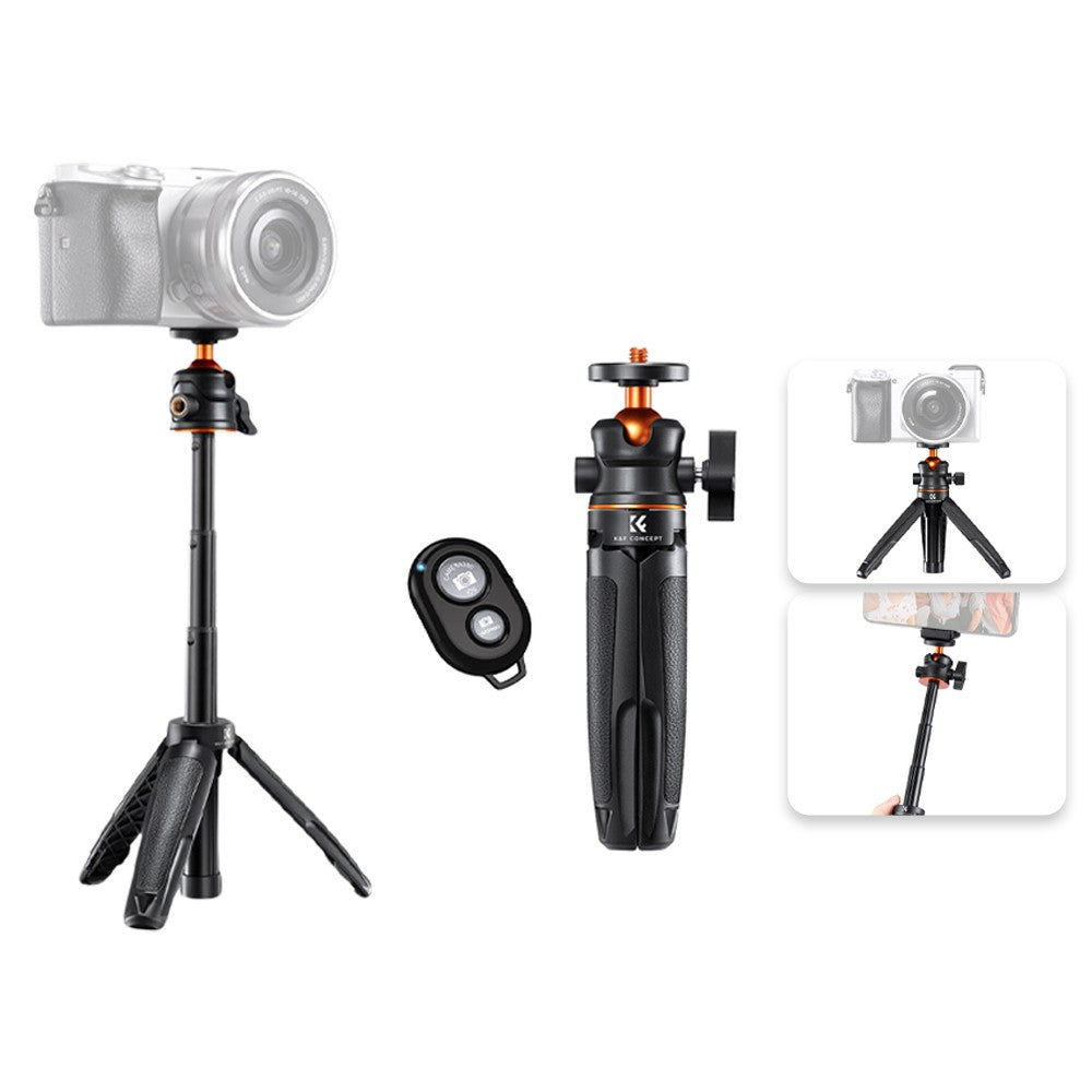 K&F Concept MS02 13" Retractable Selfie Stick Tripod with Mobile Phone Clip Holder, Bluetooth Remote Control, 1\4" Attachment Thread for Digital Camera, Smartphones, Video Fill Light, Camcorder, GoPro, Insta360, DJI Osmo