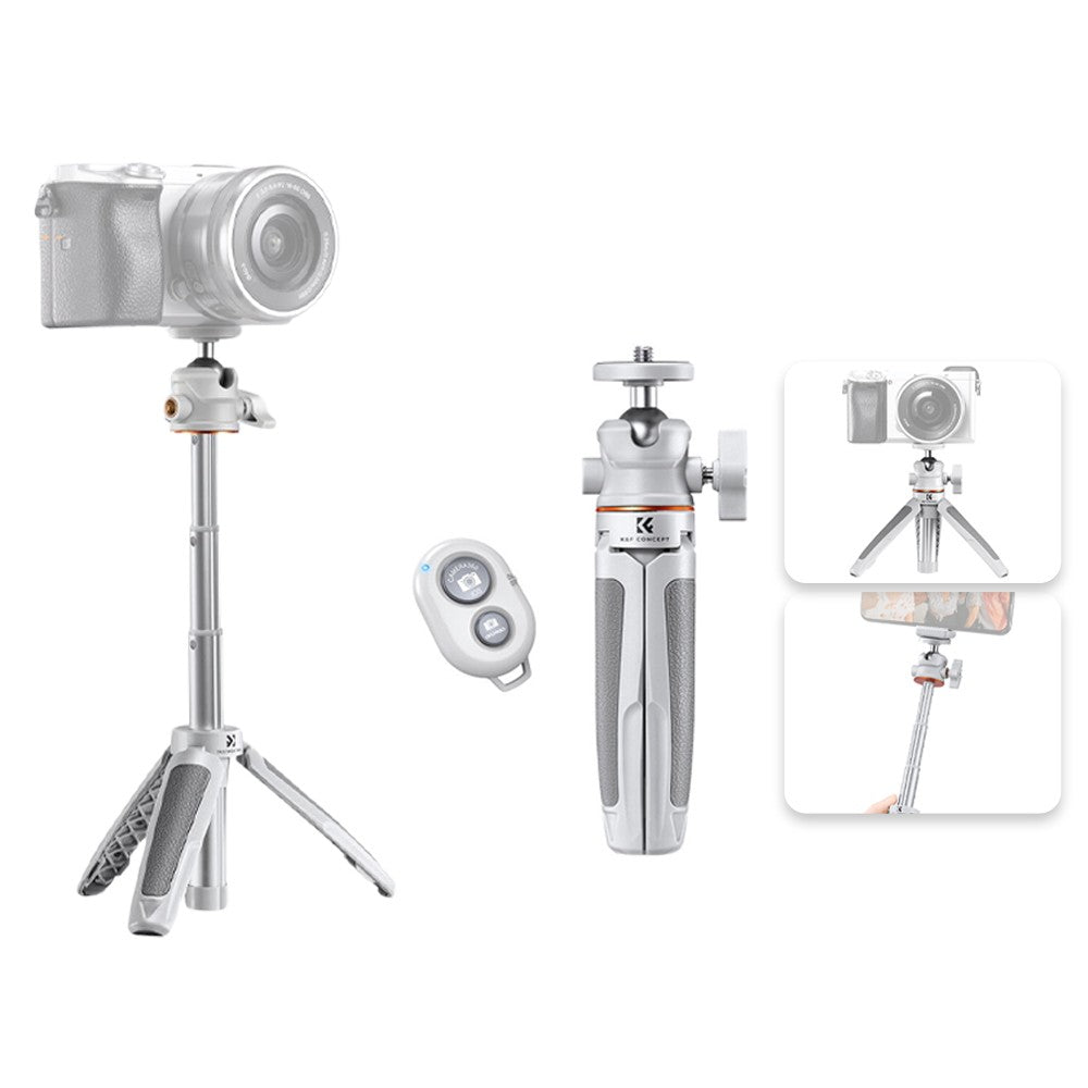 K&F Concept MS02 13" Retractable Selfie Stick Tripod with Mobile Phone Clip Holder, Bluetooth Remote Control, 1\4" Attachment Thread for Digital Camera, Smartphones, Video Fill Light, Camcorder, GoPro, Insta360, DJI Osmo