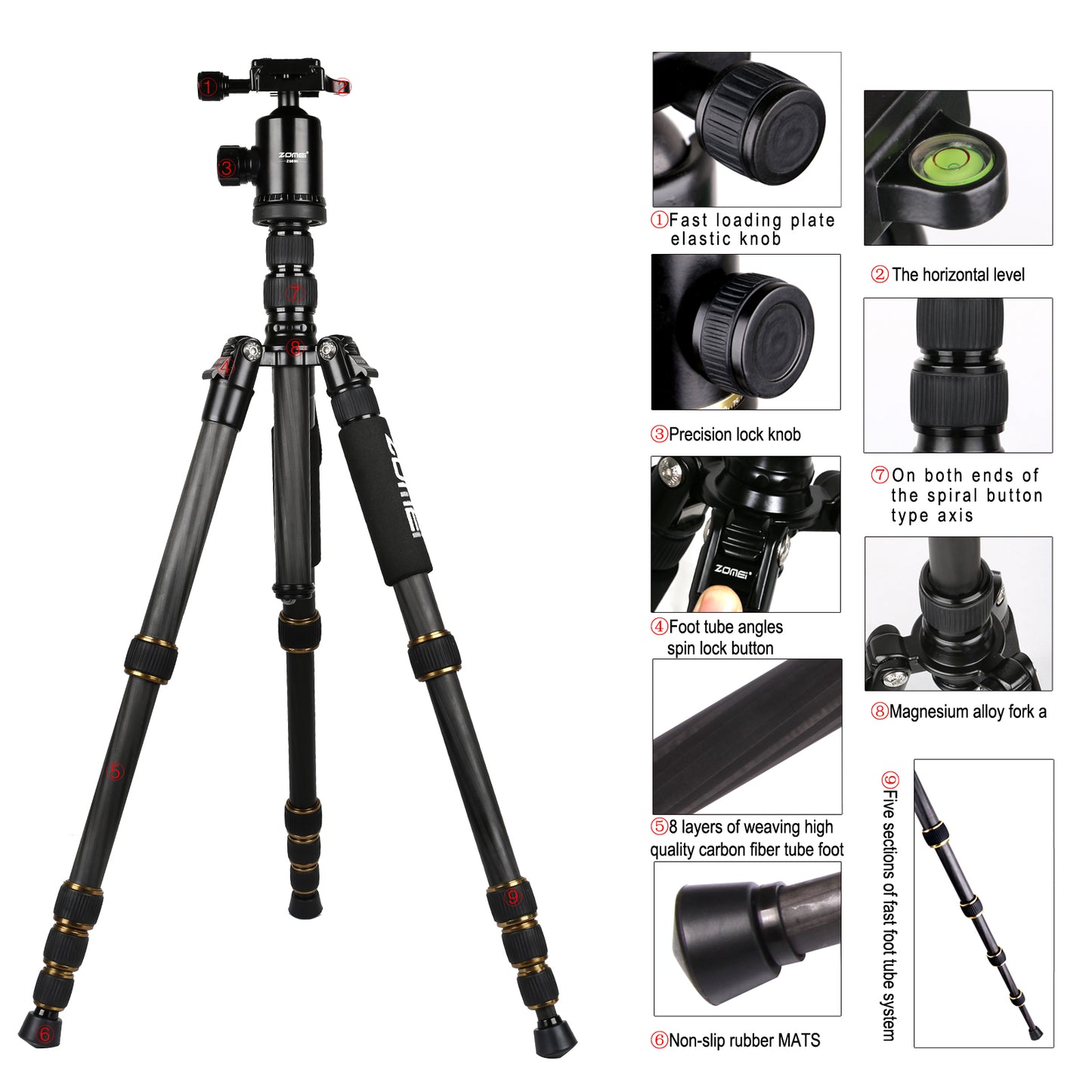 Zomei Z669C Carbon Fiber DSLR Tripod Monopod Compact Travel Ball Head | Z699C