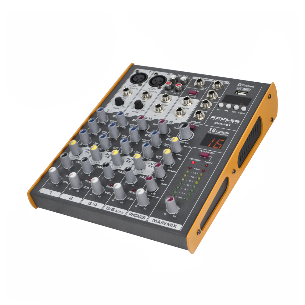 KEVLER SMX-6BT 6 Channel Compact Bluetooth Mixer with USB, 2 Microphone/Line Stereo Input, 48V Phantom Power, MP3 Play/Record Function and Echo/Repeat/Delay Effects