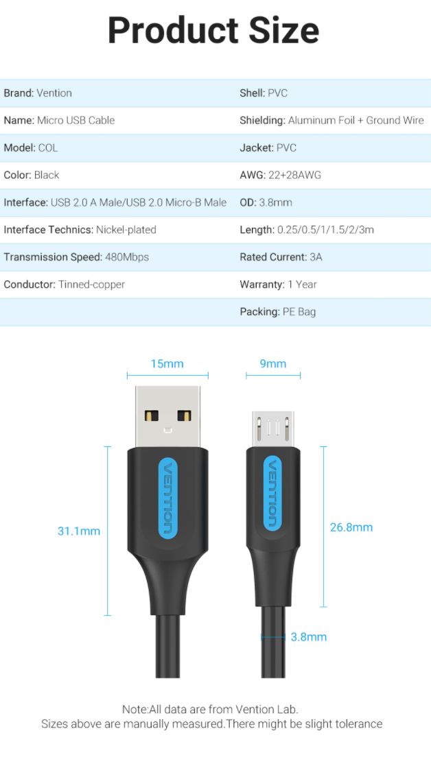 Vention USB 2.0 A Male to Micro-B Male 3A Cable (COL) 480Mbps 0.5M Black