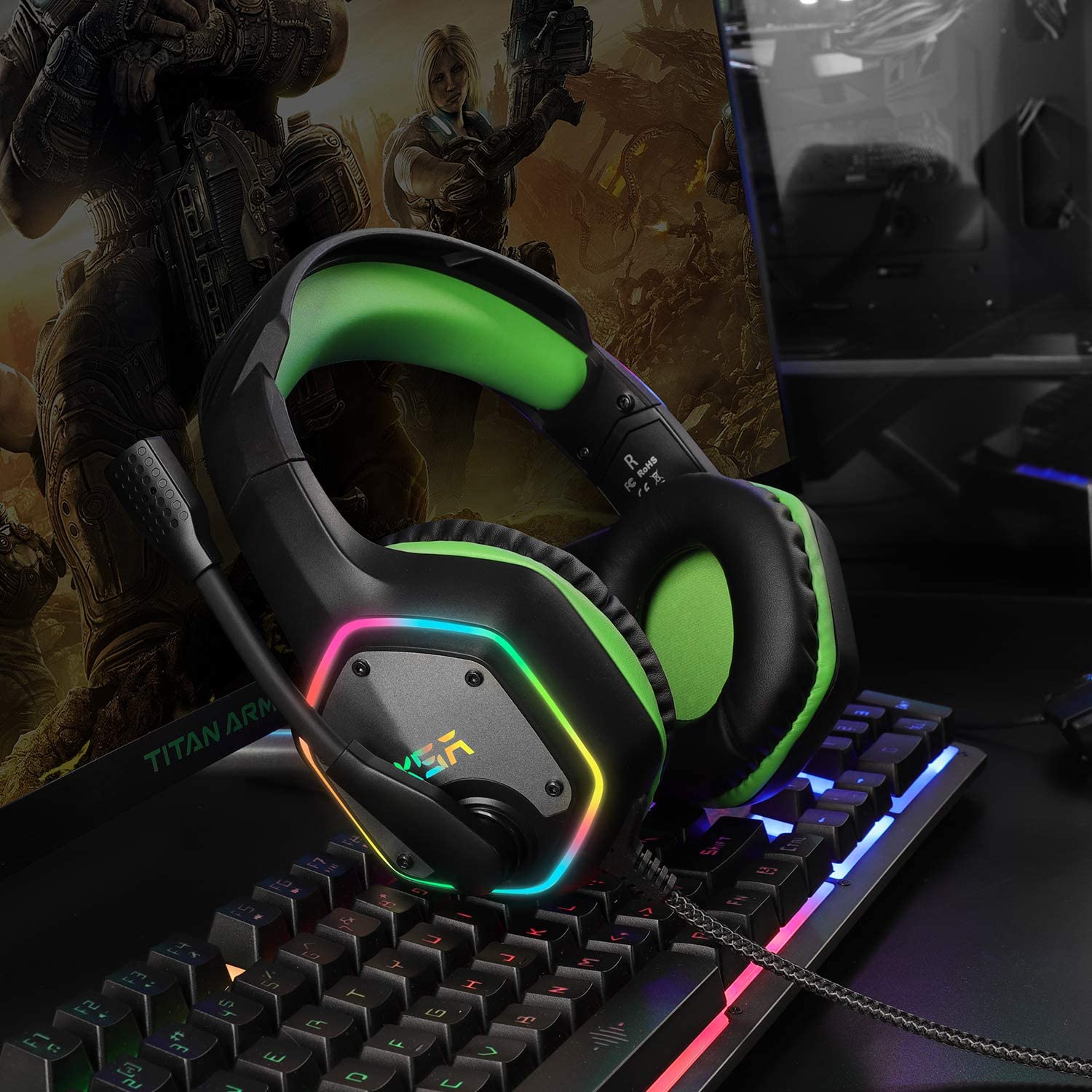 EKSA E1000 7.1 Surround Sound Gaming Headset With Microphone For PS4/Xbox-One/PC Gamer Stereo USB Wired Headphone RGB LED Light Green