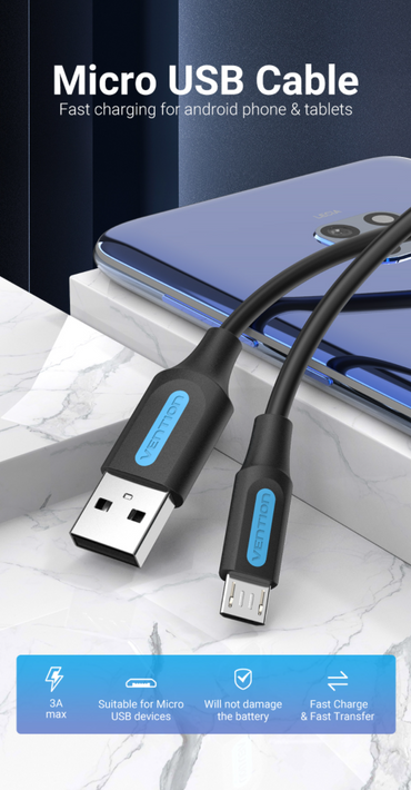 Vention USB 2.0 A Male to Micro-B Male 3A Cable (COL) 480Mbps 0.5M Black