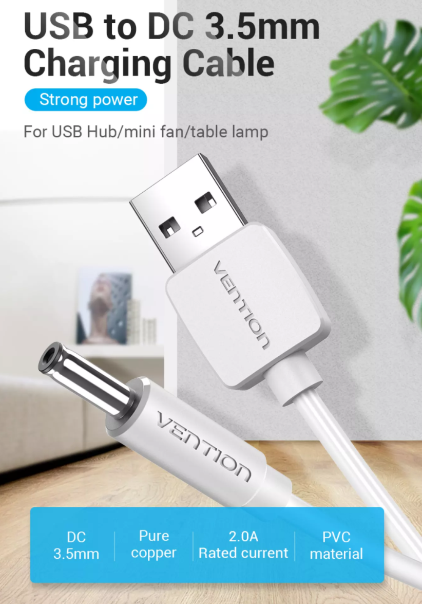 Vention USB Type A to 3.5mm x 1.35mm Barrel Jack with 5V DC Power Cable (0.5M, 1M, 1.5M) (White and Black) | CEXB, CEXW