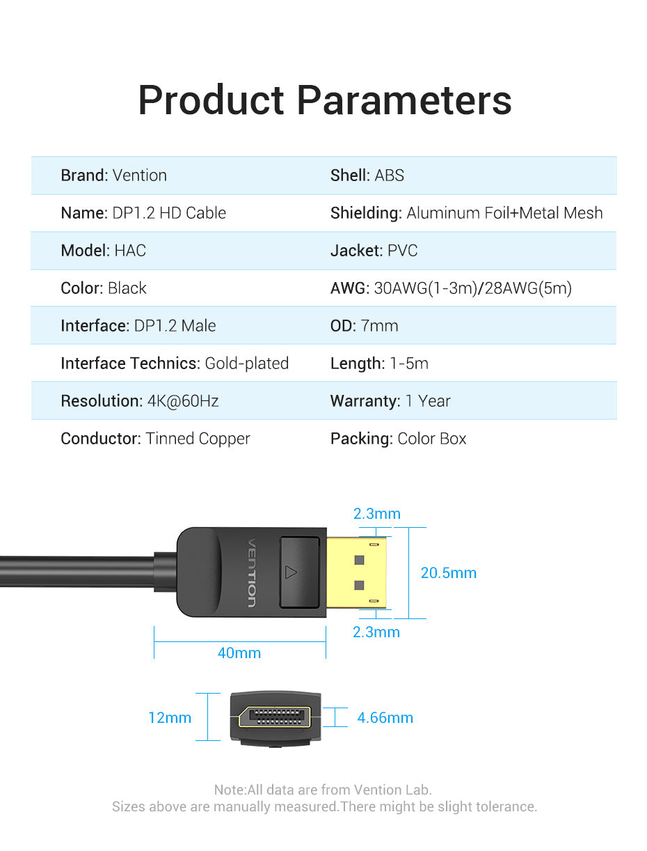 Vention 1.2 HD 4K/60Hz Male to Male Gold Plated (HAC) Displayport Cable for TV, PC, Monitors, Projectors, Laptops (Available in Different Lengths)