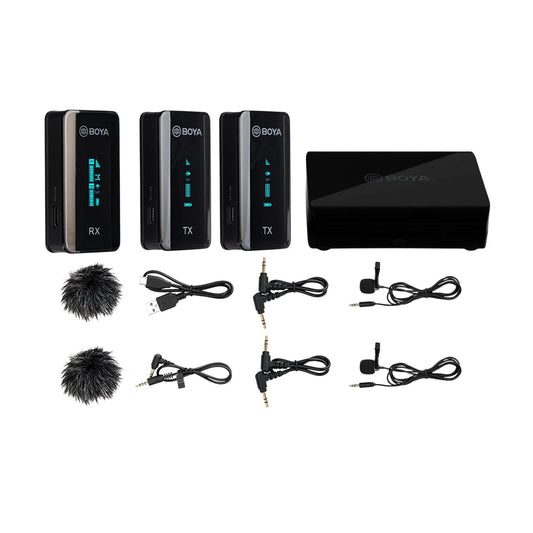 Boya BY-XM6-K2 Ultra-Compact 2.4GHz Dual Channel Lavalier Wireless Microphone System Kit with 100M Operating Range, OLED Display, 7-Hour Runtime