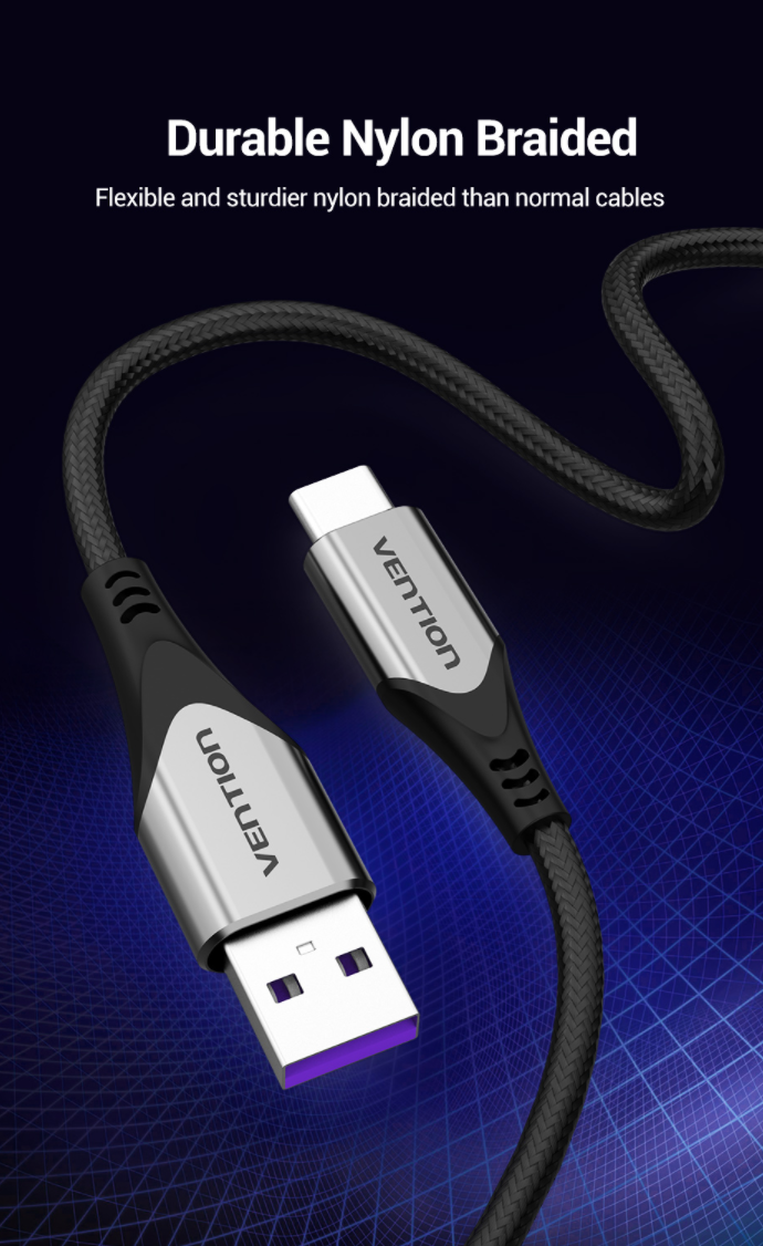 Vention USB-C to USB 2.0-A Cotton Braided Fast Charging Cable 480Mbps (COFH) Gray Aluminum (Available in Different Lenghts)