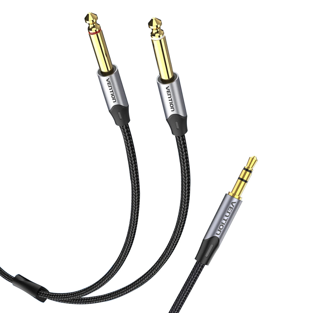 Vention TRS 3.5mm Male to Dual 6.5mm Male 1-Meter Cotton Braided Gold Plated (BAR) Audio Cable for Speakers, Mobile Phones, Laptops (Available in 1M, 1.5M, 2M and 5M)