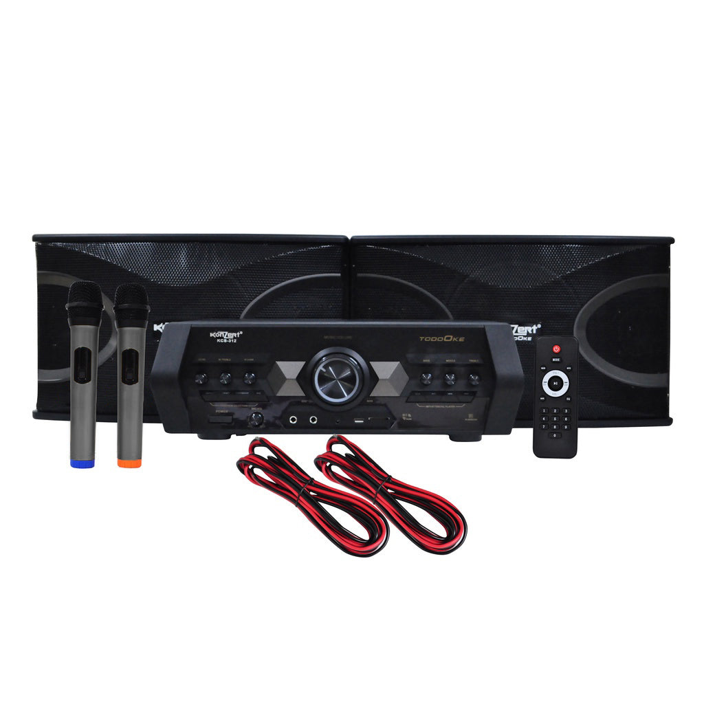 Konzert TodoOke KCS-312 3500W 10" 2-Way Woofer Micro Component Karaoke Speaker System (SET) with 2 Channel Output, Bluetooth, 2 UHF Wireless Mic / USB / SD Card Slot and FM Radio Tuner with RCA and 4 Mic Input and Remote Control