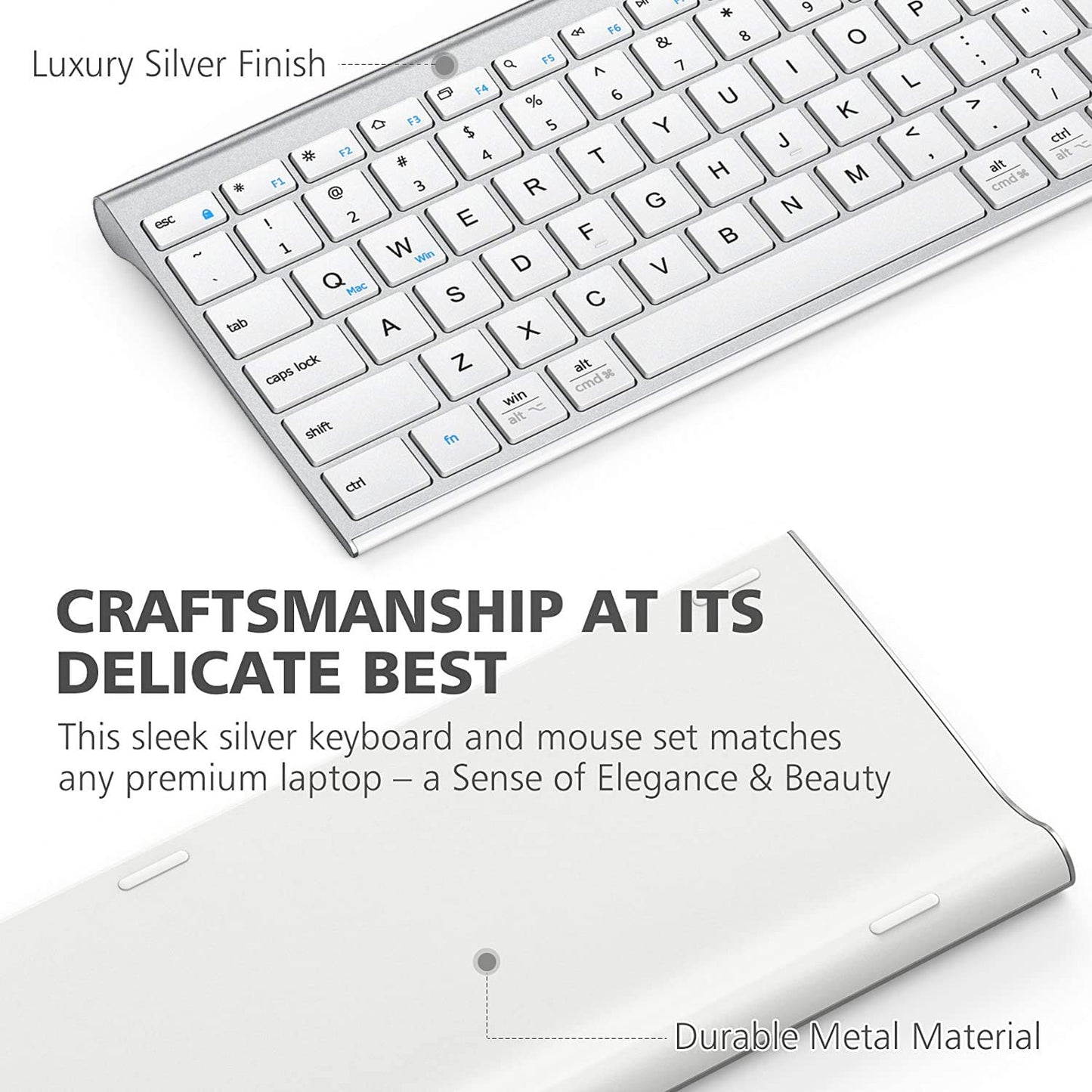 iClever GK03 2.4GHz 17 x 5 Inch Wireless Rechargeable 280mAh Keyboard and Mouse Combo with Windows and Mac Compatibility GK-03 GK 03 (SILVER)