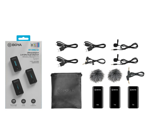 Boya by-XM6 S2 2.4GHz Dual Wireless Lavalier Microphone System Kit with up to 7hours Runtime and 100m Operating Range for Live, YouTube, Vlogging and Interview