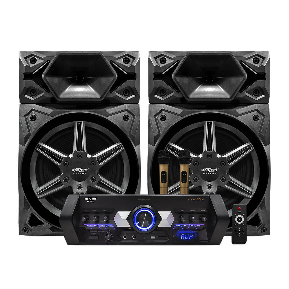 Konzert TodoOke KCS-412 6000W 12" 2-Way Woofer Mini Component Karaoke Speaker System (SET) with 2 Channel Output, Bluetooth, 2 UHF Wireless Mic / USB / SD Card Slot and FM Radio Tuner with RCA and 4 Mic Input and Remote Control
