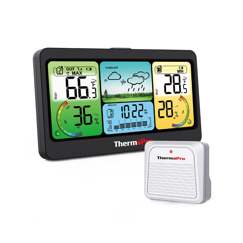 ThermoPro TP280C 1000ft Multi-Format Weather Forecast Barometer with Dual Power Supply, Rechargeable Sensor, LCD Backlight Screen, Weatherproof Digital Thermometer