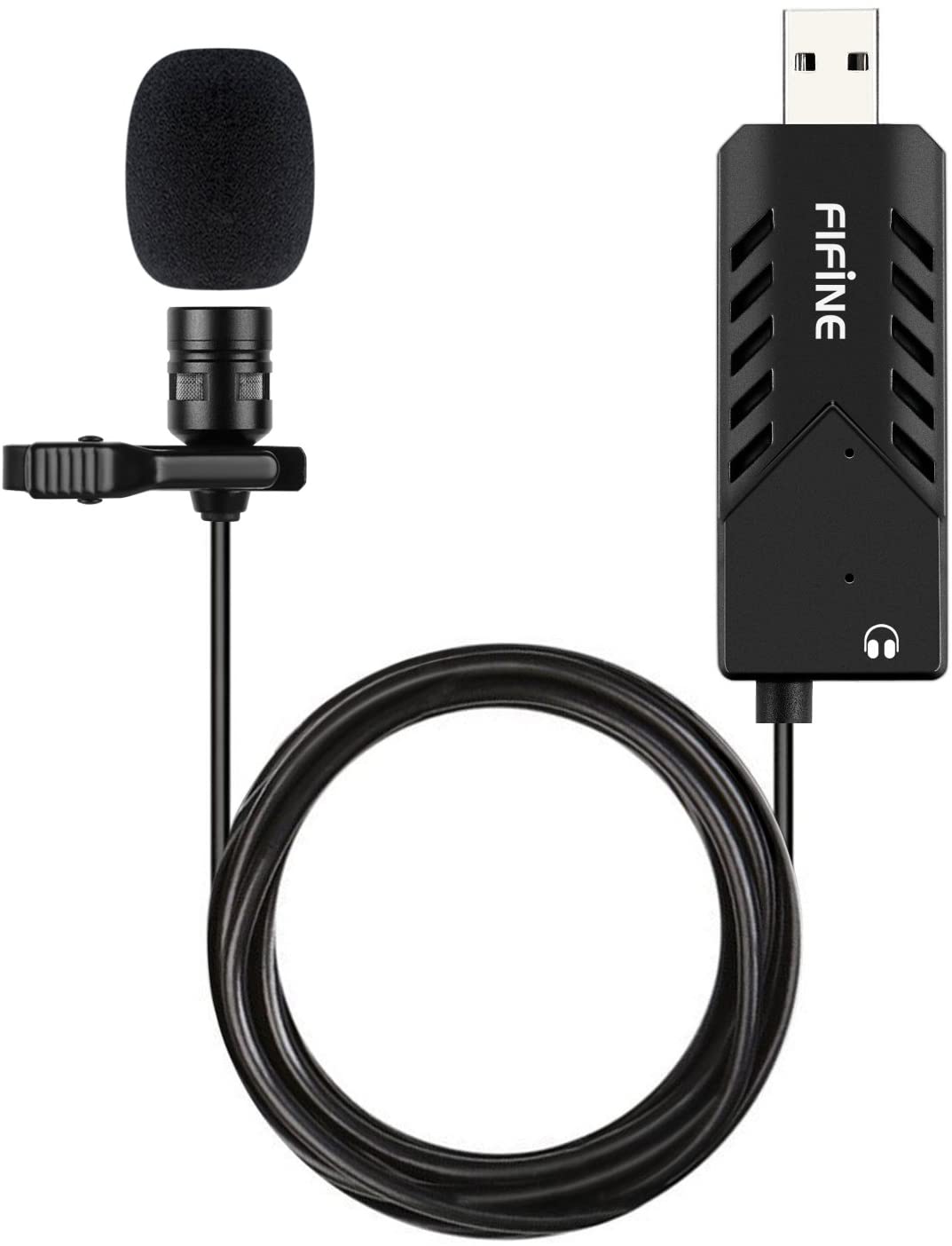 Fifine K053 USB Lavalier Lapel Microphone Clip-on Cardioid Condenser Computer mic Plug and Play USB Microphone with Sound Card for PC and Mac
