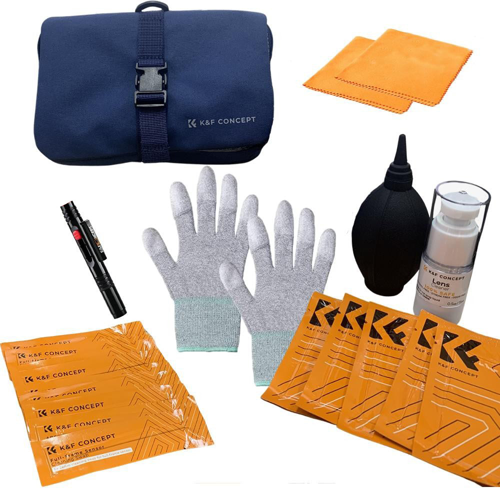 K&F Concept 23-in-1 Camera Lens Cleaning Kit with Cleaning Pen, Dust Blower, Anti-Static Gloves, 24mm Full-Frame Cleaning Rod, Vacuum Cleaning Cloth and Storage Bag | SKU-1868