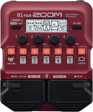Zoom B1 FOUR Bass Guitar Multi-Effects Processor Pedal, With 60+ Built-in Effects, Amp Modeling, Looper, Rhythm Section, Tuner, Battery Powered