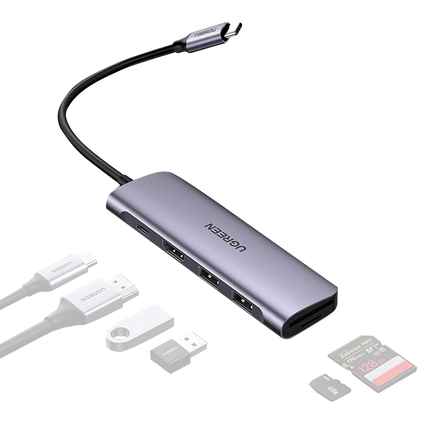 Hub USB-C Ugreen 80546  Puertos USB 3.0, HDMI 4K, RJ45