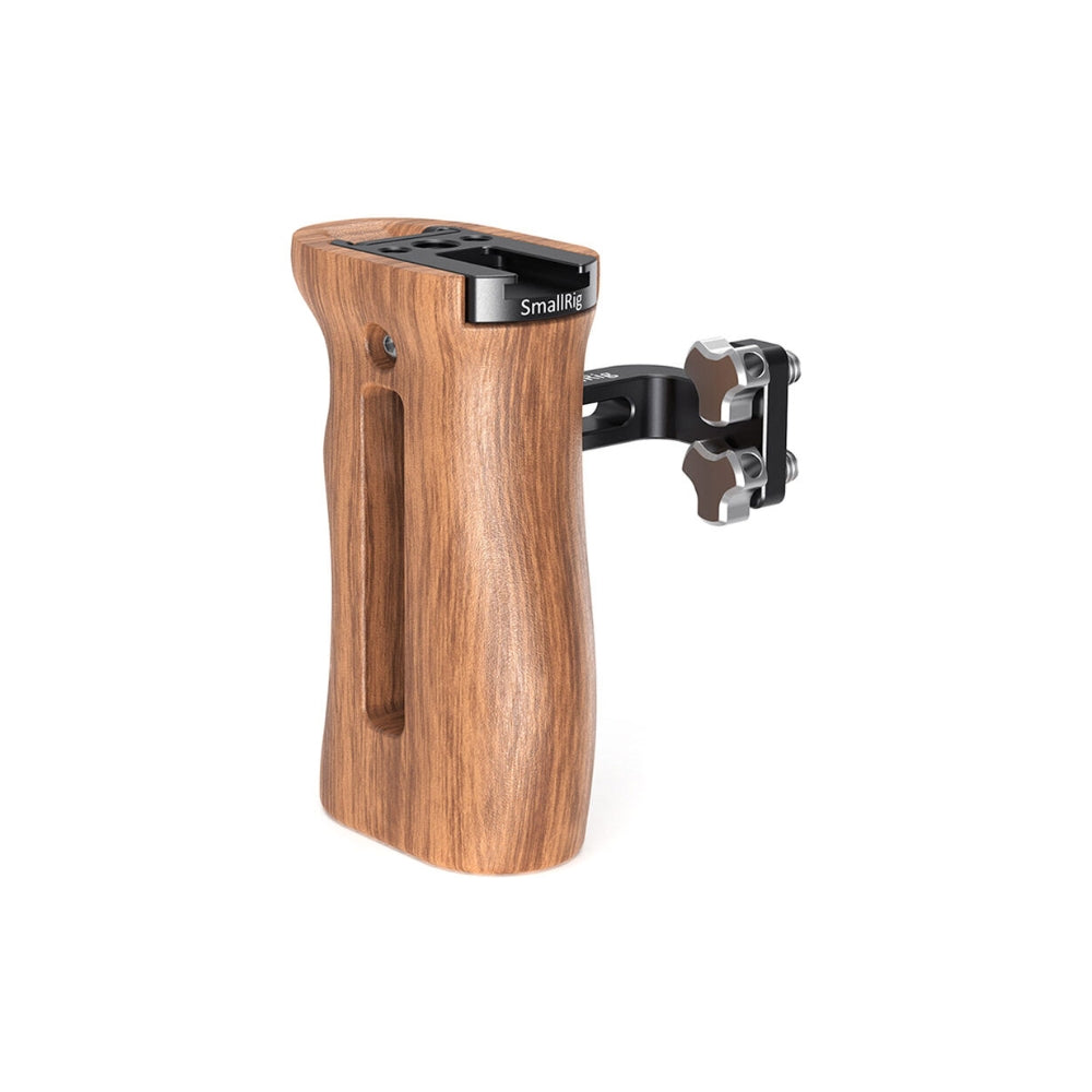 SmallRig Wooden Universal Side Handle Grip with Cold Shoe & Adjustable Sliding Connector for Camera Cage | HSN2093C