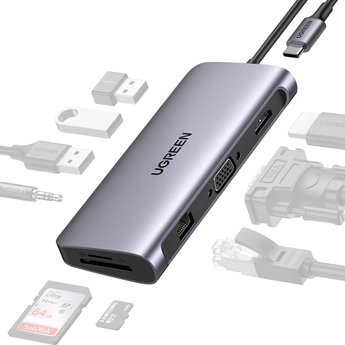 UGREEN USB C HUB 10 in 1 USB Type C to HDMI 4K USB 3.0 VGA PD 3.5mm for  Macbook