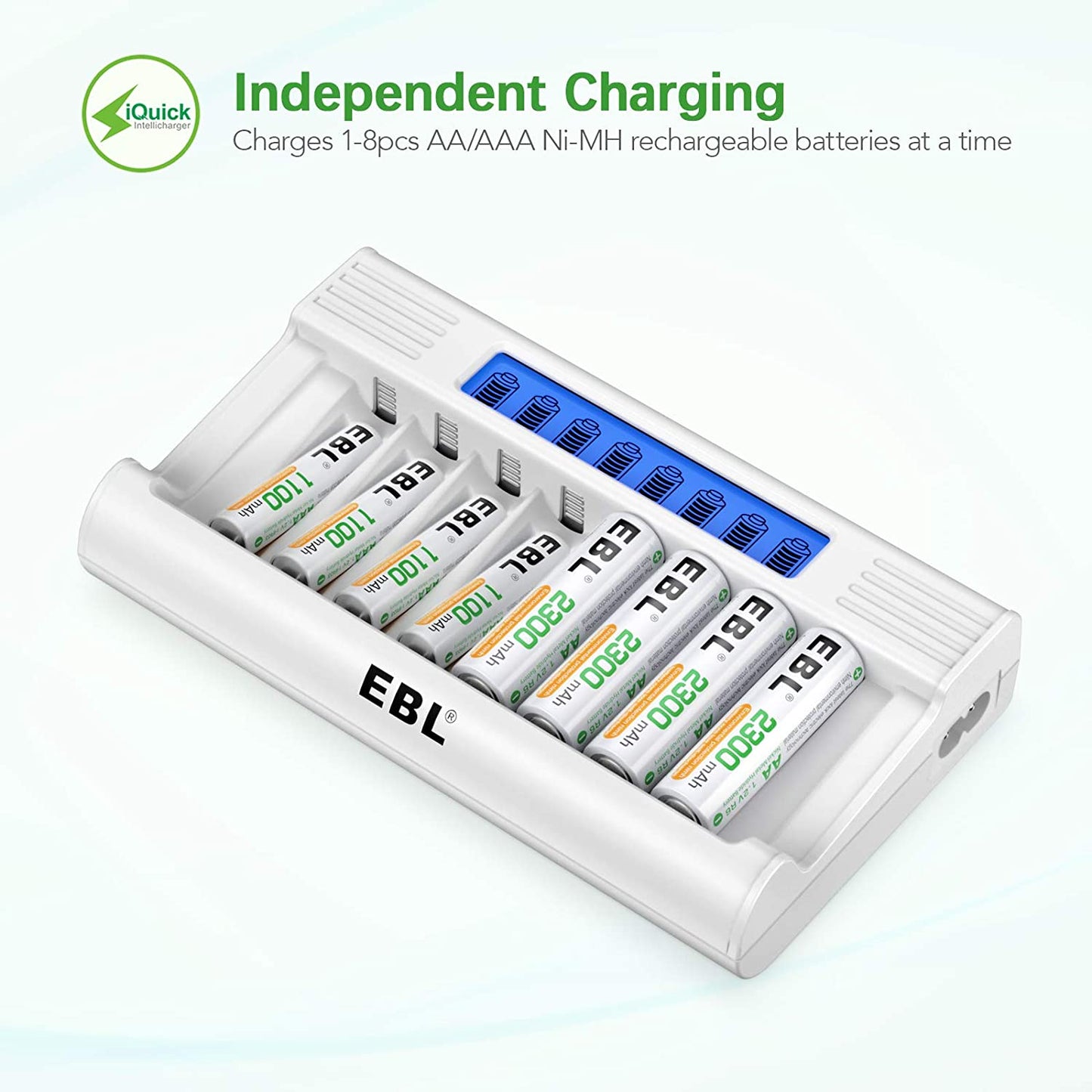 EBL TB-6076 8-Bay Smart Battery Charger with LCD Status Display, Independent Charging Slots, and Intelligent Overcurrent Protection for AA, AAA Ni-NH Rechargeable Batteries