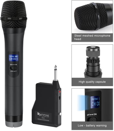 Fifine K025 Wireless Microphone, Handheld Dynamic Mic System for Karaoke Nights, House Parties, Over the Mixer PA System Speakers