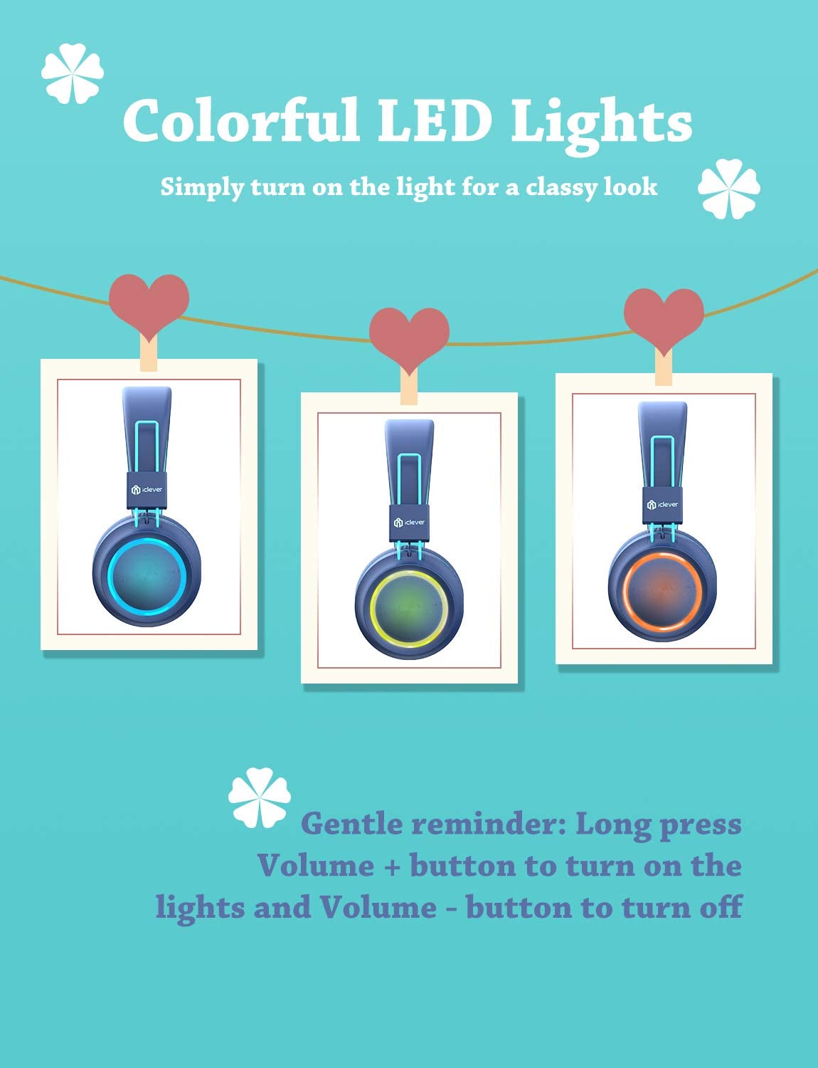 iClever BTH03 Kids Wireless Headphones Blue with Colorful LED Lights Bluetooth 5.0 Twistable Adjustable Foldable Headband 25hours Playtime